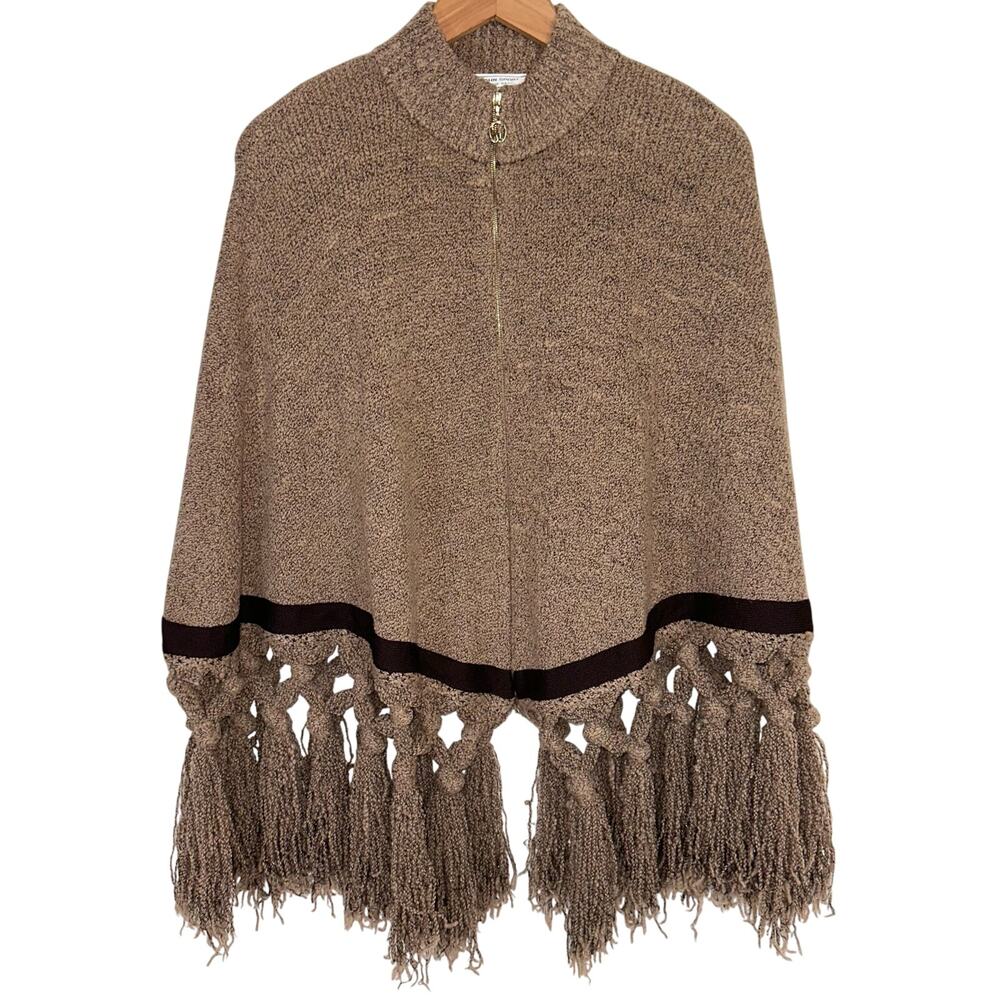 St John Sport Wool Blend Brown Fringe Poncho Sweater Size Small